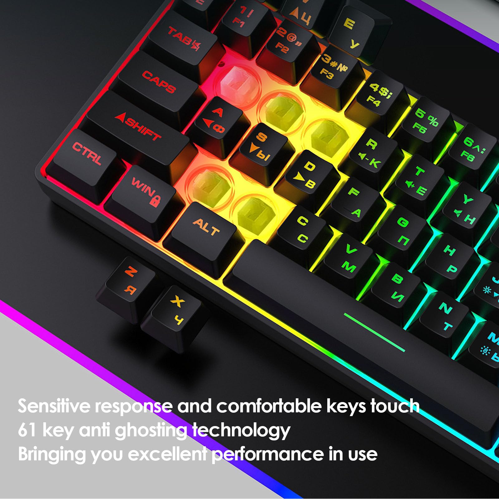 GOWENIC Teclado Mecânico Russo para Jogos de 61 Teclas, Teclado